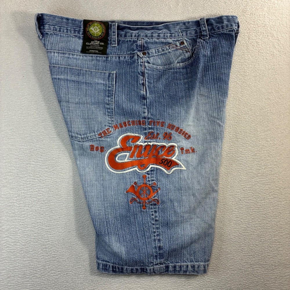 Y2K Enyce Baggy Jorts Men 42x14 Blue Faded Embroidered Denim Jean Shorts Vintage